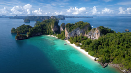This breathtaking aerial view captures a serene tropical beach with clear turquoise water, surrounded by lush green mountains and a dramatic sky. Explore paradise.の素材