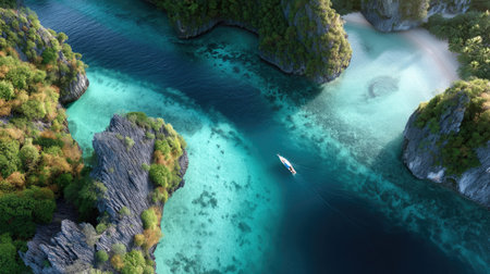 Experience the breathtaking beauty of a tranquil tropical cove, featuring crystal-clear water, lush greenery, and stunning rock formations, perfect for adventures.の素材