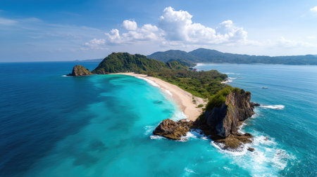 This stunning aerial view showcases a serene tropical island surrounded by vibrant turquoise waters and lush greenery. Perfect for travel dreams.の素材