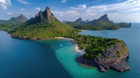 This stunning aerial image captures a scenic view of a tropical island featuring lush greenery, clear blue waters, and majestic rocky peaks. Perfect for travel themes.の素材