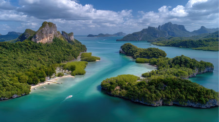 Experience a stunning aerial view showcasing lush islands, crystal clear waters, and striking mountainous landscapes, perfect for travel enthusiasts and nature lovers.の素材