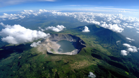 Explore a breathtaking aerial view of a volcanic crater shimmering under a blue sky, surrounded by lush greenery and dramatic cloud formations.の素材