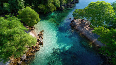 This stunning aerial photo captures a serene tropical coastline featuring lush green trees, clear water, and rocky shorelines, embodying natural beauty.の素材