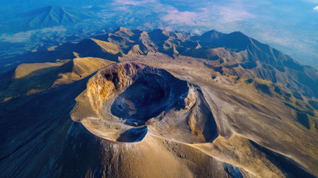 Stunning aerial view capturing the majestic volcanic crater surrounded by rugged mountain ridges under a clear blue sky, perfect for nature lovers.の素材