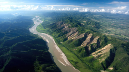 This captivating aerial image showcases a winding river flowing through a vibrant green valley, flanked by rugged mountains and a brilliant blue sky, perfect for nature lovers.の素材