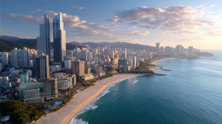 Stunning aerial view showcasing a vibrant skyline juxtaposed against a serene beach and gentle ocean waves, capturing the essence of coastal city life.の素材