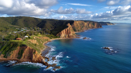 Stunning aerial view showcasing dramatic cliffs meeting turquoise waters, surrounded by lush greenery and under a beautiful blue sky with clouds.の素材