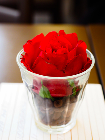 Roses in a glass on the table.の写真素材
