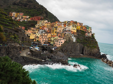 Manarola beautiful seaside town of Italy on a stormy day.