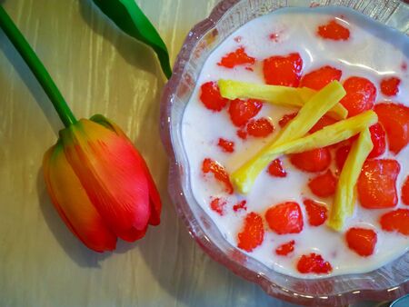 Thai Red Ruby in Coconut Milk desserts from Thailand, eat after the main meal in the summer, very tastyの写真素材