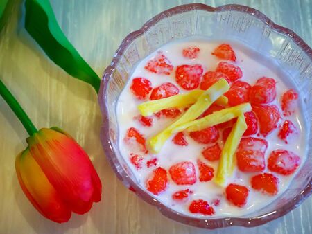 Thai Red Ruby in Coconut Milk desserts from Thailand, eat after the main meal in the summer, very tastyの写真素材