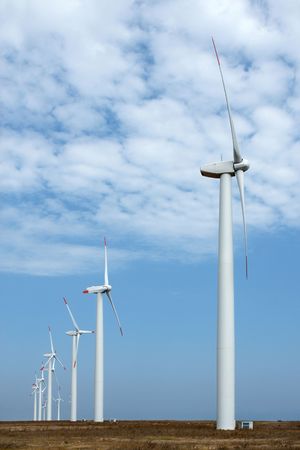 Wind turbines in a windfarm on cape Kalikra, Black sea, Bulgariaの写真素材