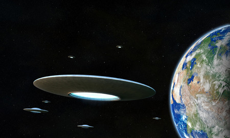 3d render of flyng saucers around the Earth