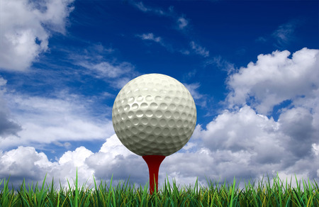 3d render of golf ball and tee on sky backgroundの写真素材