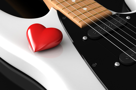 3d render of red heart over white guitarの写真素材