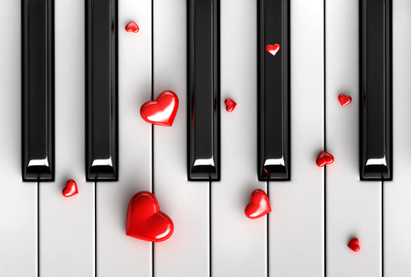 3d render of red hearts over piano keysの写真素材