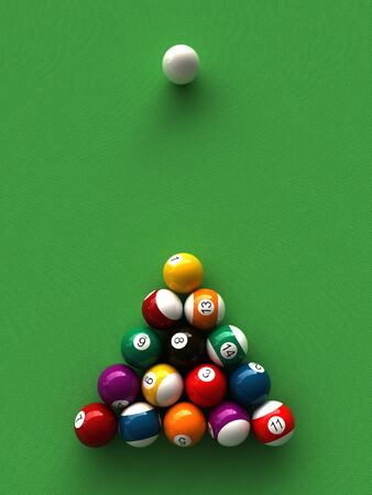 3d rendering of billiard balls and stick over billiard tableの写真素材