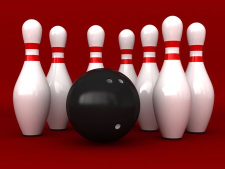 3d rendering of bowling pins and ball over red backgroundの写真素材