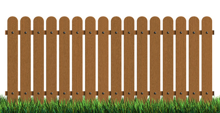 3d rendering of wooden fence with grass isolated over white backgroundの写真素材