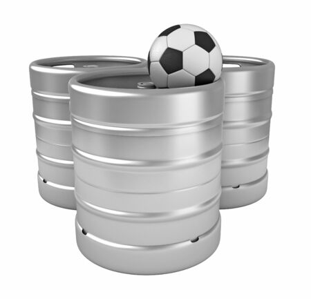 3d rendering of beer kegs and soccer ball isolated over white backgroundの写真素材