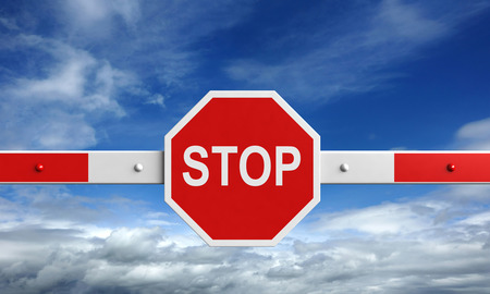 3d rendering of barrier with stop sign on sky backgroundの写真素材