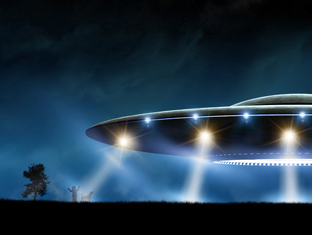 3d rendering of flying saucer ufo on night backgroundの写真素材
