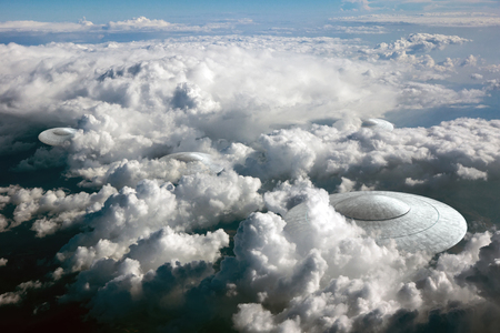3d rendering of flying saucer ufo in the cloudsの写真素材