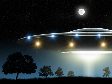3d rendering of flying saucer ufo on night backgroundの写真素材
