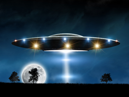 3d rendering of flying saucer ufo on night backgroundの写真素材