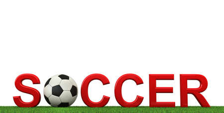 3d rendering of soccer text with ball and grass isolated on white backgroundの写真素材