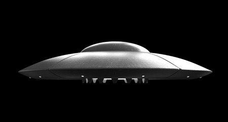 3d render of flying saucer isolated over black backgroundの写真素材