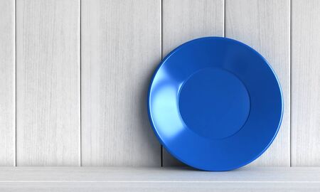 3d render of blue plate on white wooden backgroundの写真素材