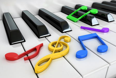 3d render of piano keys and notesの写真素材