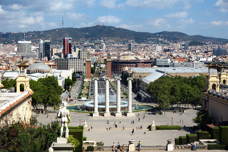 Barcelona, Spain - July 28, 2016: Montjuic columns and fountain on Plaza de Espana in Barcelona, Spain.のeditorial素材