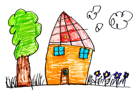 Original Child's drawing with color markers on white paperの写真素材