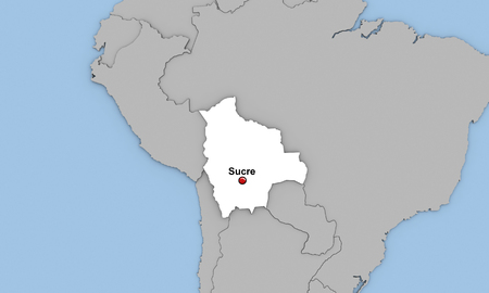 Abstract 3d render of map of Bolivia highlighted in white color and location of the capital Sucre marked with red pin  の写真素材