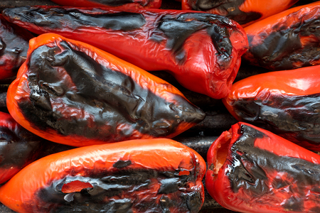 Roasted red peppers on the grillの写真素材