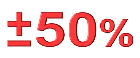 3d render of fifty percent text with plus and minus isolated over white backgroundの写真素材