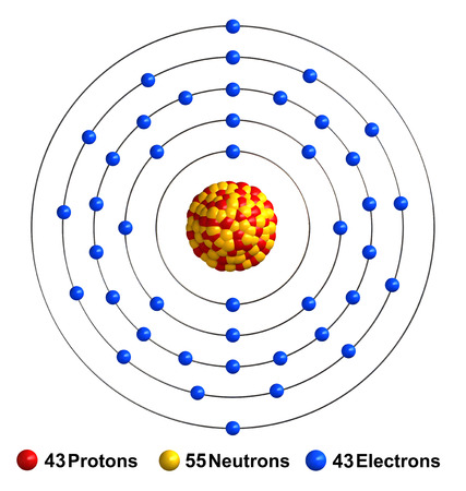 3d render of atom structure of technetium isolated over white background
Protons are represented as red spheres, neutron as yellow spheres, electrons as blue spheresの写真素材