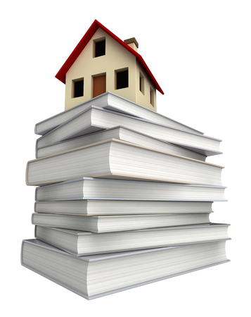 Conceptual 3d rendering of house miniature over engeneering manualsの写真素材