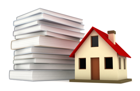 Conceptual 3d rendering of house miniature close to engeneering manualsの写真素材