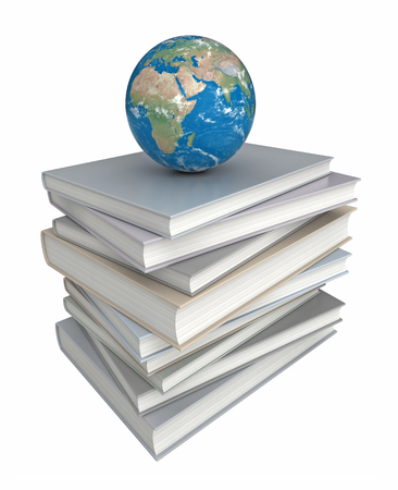 Conceptual 3d rendering of earth miniature over pile of booksの写真素材