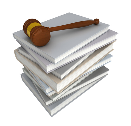 Conceptual 3d rendering judge hammer over pile of booksの写真素材