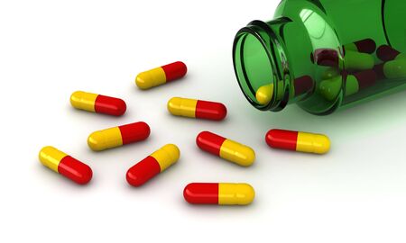 3d render of pills and a phial over white backgroundの写真素材