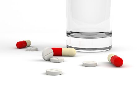 3d render of pills and glass of water over white backgroundの写真素材