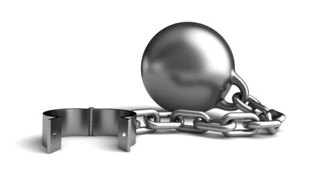 3d render of a vintage metalic ball and chain with an open shackle over white backgroundの写真素材
