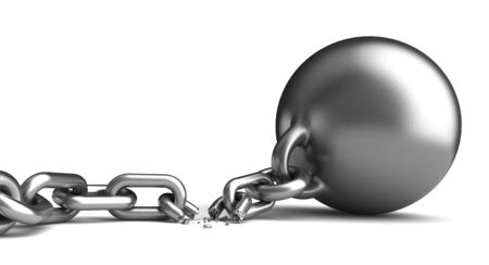 3d render of a vintage metalic ball and brocken chain over white backgroundの写真素材