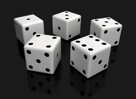 3d render of white dices over black reflective backgroundの写真素材