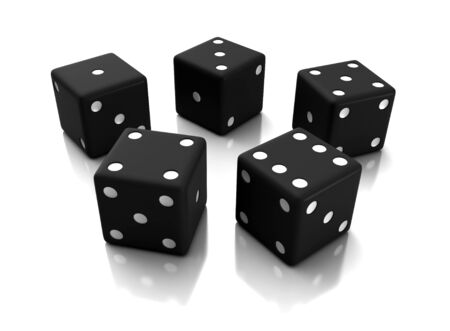 3d render of black dices over white reflective backgroundの写真素材