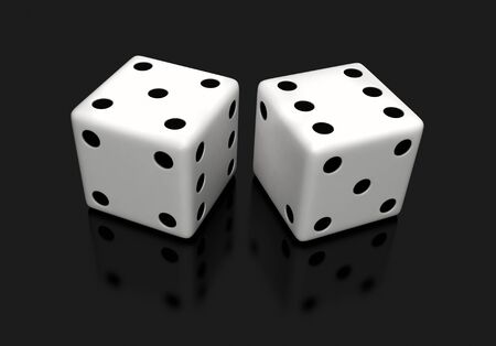 3d render of white dices over black reflective backgroundの写真素材